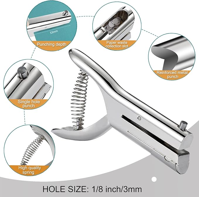 1/8 Inch Single Hole Punch - 2 Inch Reach Deep Throat Heavy Duty Paper Punch - Portable Hand Held Long Reach for ID PVC Cards Plastic Cardboard Photos-DeskLoop Office