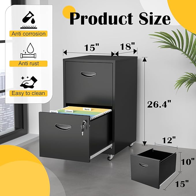 2 Drawer File Cabinet with Lock,Black Rolling File Cabinet for Home Office, Metal Small Mobile Filing Cabinets on Wheels for Hanging Letter