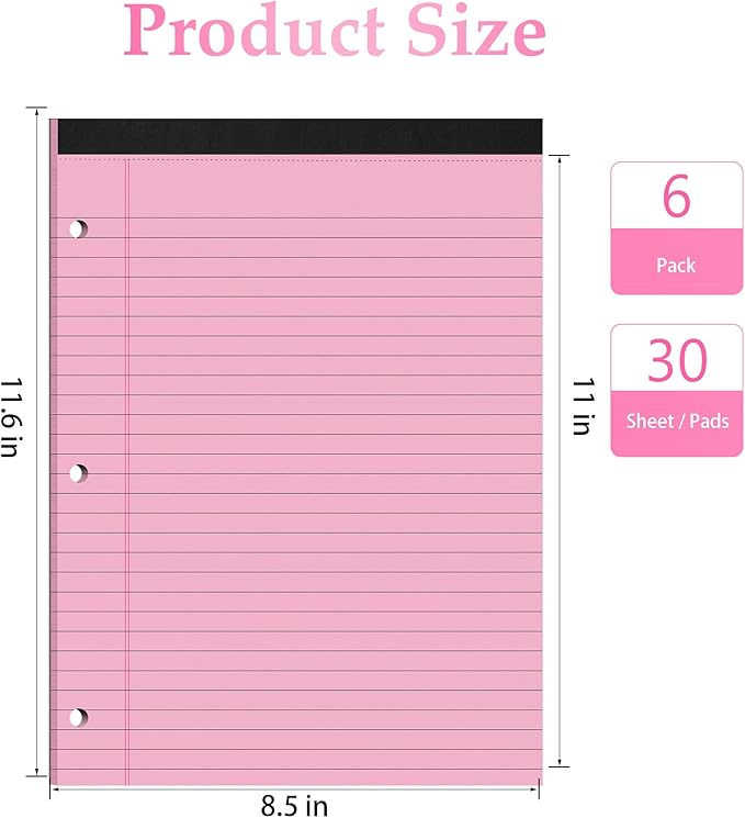 HAUTOCO 6 Pack 8.5 x 11 Legal Pads Pink Wide Ruled Notepads Perforated Writing Pads, 30 Sheets Per Notepad, 3-Hole Punched Paper, Writing Note Pads for School, Home, Office, Business-DeskLoop Office