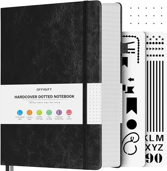 Bullet Dotted Journal Notebook, 312 Numbered Pages A5 Hardcover Leather Journal, 100gsm No Bleed Paper Dot Grid Notebook with Index Pages, Dot Journal for Women Men, 5.75" x 8.38", Black-DeskLoop Office