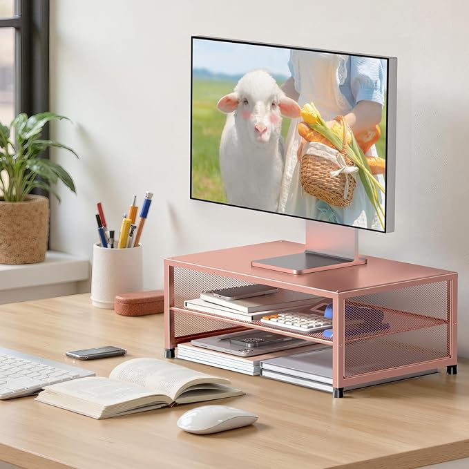 Computer Monitor Stand Riser, Desk Organizers and Accessories, Printer & Laptop Stand, Office Desk Accessories & Desktop Workspace Organizers for Office Supplies (Rose Gold)-DeskLoop Office