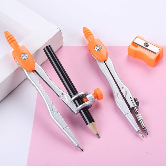 Math Geometry Kit Sets 10 Piece Student Supplies with Shatterproof Storage Box,Includes Rulers,Protractor,Compass,Eraser,Pencil Sharpener,Lead Refills,Pencil,for Drafting(Orange)-DeskLoop Office