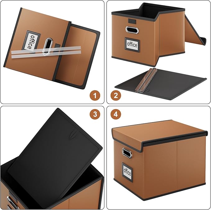 Huolewa File Organizer Boxes with Lids, Collapsible Faux Leather Hanging File Folder Box Organizer with Plastic Slide, Decorative Home/Office Filing System Boxes for File and Folders Storage-DeskLoop Office