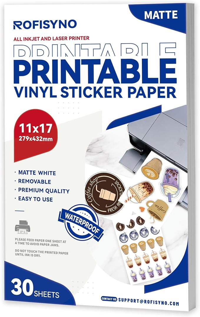 11x17 Printable Vinyl Sticker Paper Waterproof, Removable Self Adhesive Vinyl Sticker Sheets for Inkjet and Laser printer, 30 Pack, Tabloid Size, Matte White-DeskLoop Office