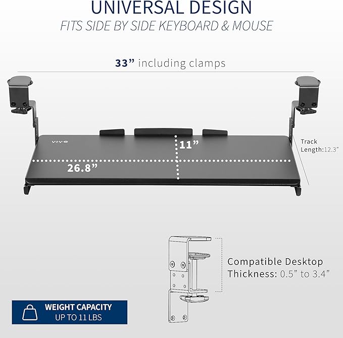 VIVO Large Height Adjustable Under Desk Keyboard Tray, C-clamp Mount System, 27(33 Including Clamps) x 11 inch Slide-Out Platform Computer Drawer for Typing, Black, MOUNT-KB05HB-DeskLoop Office