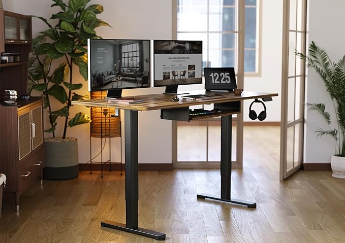 YDN Standing Desk with Keyboard Tray, 55 Inch Height Adjustable Desk, Brown Stand Up Desks for Home and Office, 55inch Rustic Brown-DeskLoop Office