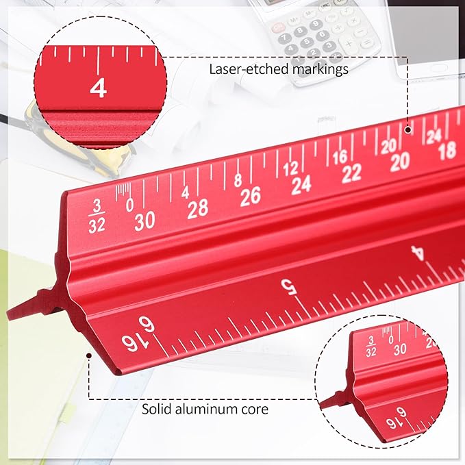 Fumete 12 Pack 6 Inch Architectural Engineering Scale Rulers Small Scale Ruler Pocket Size Scale Ruler Construction Rulers Imperial Measurements for Architects Engineering, Draftsman Drawing(Red)-DeskLoop Office