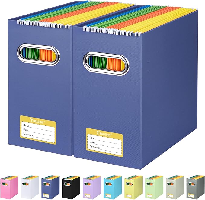 BALEINE File Organizer Box, Cardboard File Folder Organizer with Handle for Letter Size, Portable Collapsible Hanging Filing Box for Home Office Document Storage (2 Pack, Navy)-DeskLoop Office