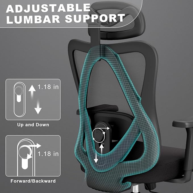 Ergonomic Office Chairs with Adjustable Headrest and Lumbar Support, High Back Mesh Home Computer Desk Chairs with 3D Armrest, 360° Swivel Wheels and Rocking Function, Black-DeskLoop Office