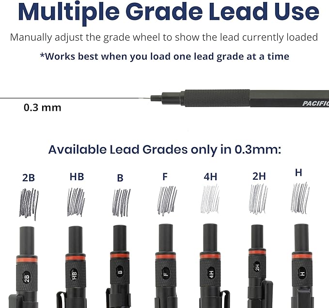 Pacific Arc Chromagraph Metal Mechanical Pencil .3 mm Black Barrel Mechanical Pencil with Built In Lead Pencil Grade Indicator, Lead Pencil Holder for Drafting, Sketching, and Drawing-DeskLoop Office