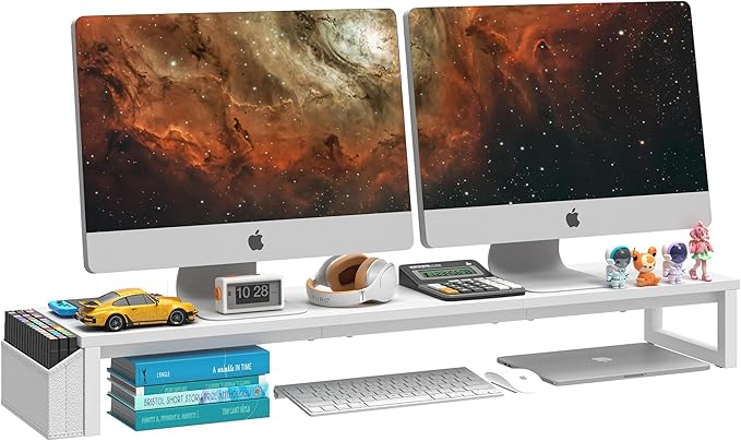 LAND·VOI Dual Monitor Stand Riser,41.5'' Long Monitor Stand for 2 Monitors, Wood and Steel Computer Monitor Stand, Desktop Oraganizer with Pen Holder, Monitor Riser for Desk Computer,Laptop,TV, White-DeskLoop Office