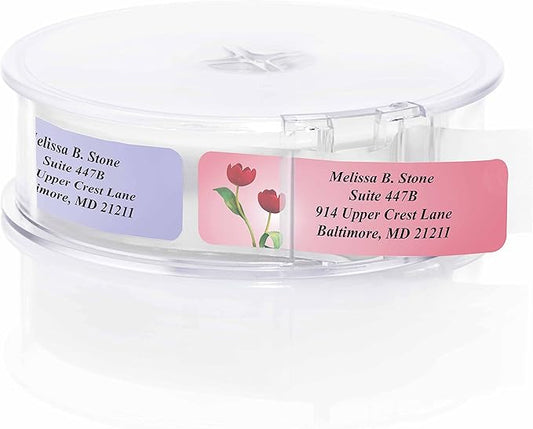 Garden Blossoms Designer Assorted Rolled Address Labels with Elegant Plastic Dispenser-DeskLoop Office