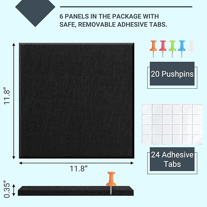 AKTOP Black Cork Bulletin Board 24"x36", 6 Pack Removable Felt Cork Board Tiles for Wall, Large 2 x 3 Bulletin Board Notice Pin Board for Office, School & Home, 24 Safe Adhesive Tabs, 20 Pushpins-DeskLoop Office