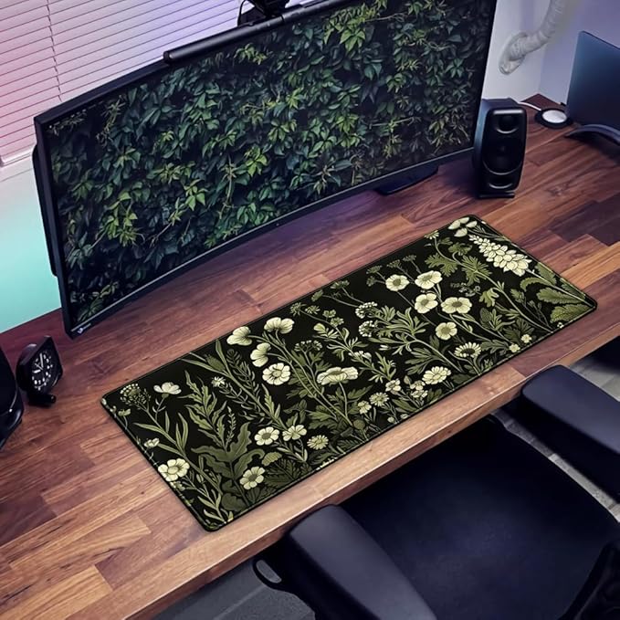 Floral Green Plant Mouse Pad Aesthetic Vintage Desk Pad Black Extended Mouse Pad Large Desk Mat for Desktop Keyboard Pad and Office Home Work Mouse Pad XXL Laptop Computer Mat 31.5 X 11.8 in-DeskLoop Office