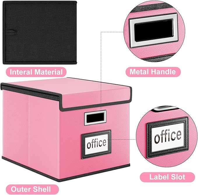 Huolewa File Organizer Box with Lid, Collapsible Leather File Folder Organizer for Office Document Storage, Filing Box with Plastic Slide for Letter/Legal Size Hanging Files, Pink-DeskLoop Office