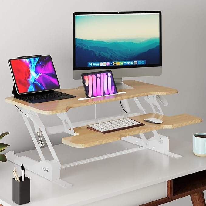 Mount-It! Height Adjustable Standing Desk Converter, 38” Wide, Desk Riser for 2 Monitors, Manual Gas Spring Sit Stand Desktop Raises to 16.9", Fits Two Monitor Screens with Keyboard Mouse Tray Maple-DeskLoop Office