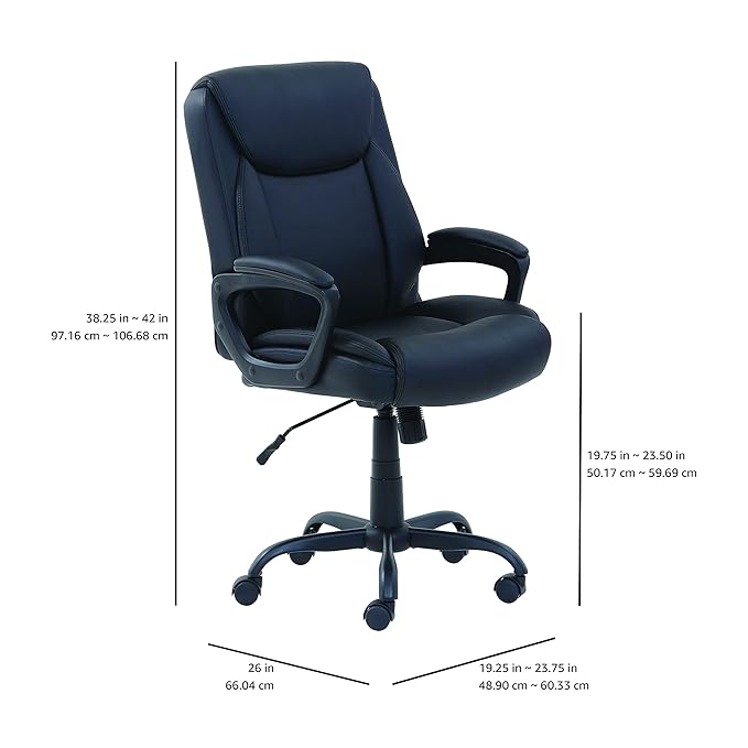 Amazon Basics Classic Puresoft PU Padded Mid-Back Height Adjustable Office Computer Desk Chair with Armrest, 26"D x 23.75"W x 42"H, Black-DeskLoop Office