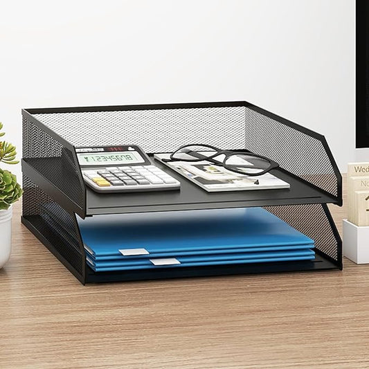 Natwind 2-Tier Stackable Paper Tray, Metal Mesh Desktop Organizer, A4 Desk Organizer, Stackable Letter Trays,File Folder Sorter Organizer with Sliding Tray for Home, Office, School (Black)-DeskLoop Office