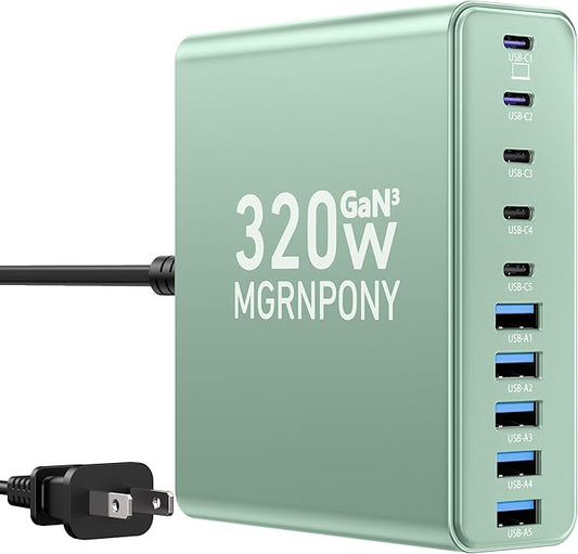 320W USB C Charger Block, 10-Port USB C Charging Station GaN III PD 65W PC Laptop Fast Charger Adapter for MacBook Pro/Air, DELL, iPad, iPhone, Samsung Galaxy (Green)-DeskLoop Office