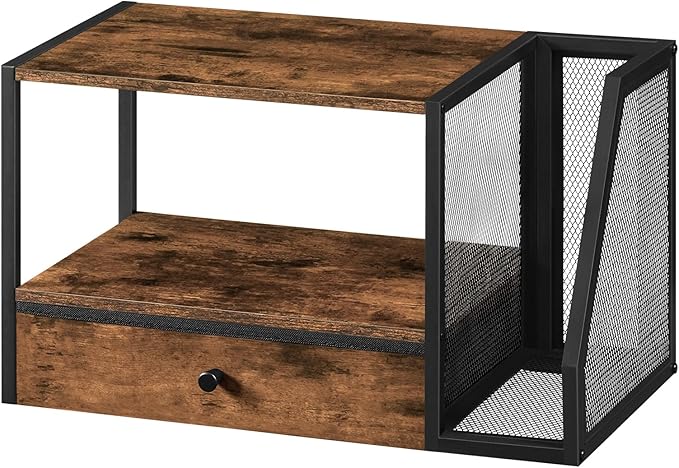 Home Printer Stand for Desk, Desktop Printer Table with Storage Drawer and Side Book Stand, 2-Tier Printer Shelf, Desk Organizer for Home Office, Rustic Brown and Black PTHR3001-DeskLoop Office