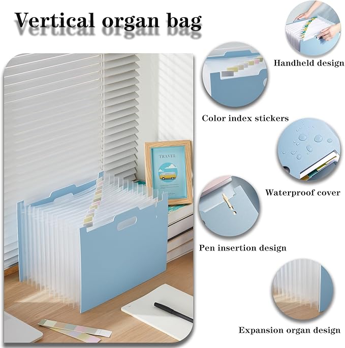 2-Piece Accordion Folder Manager, 12 Grid Expansion Pages, Portable Monthly Bill and Receipt Manager That Opens Upright, Colored Labels, School, Home, and Office letterhead/A4 Size, Sky Blue-DeskLoop Office