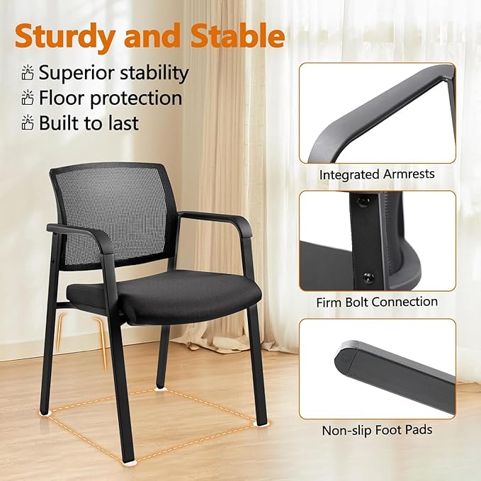 CLATINA Mesh Back Stacking Arm Chairs with Upholstered Fabric Seat and Ergonomic Lumbar Support for Office School Church Guest Reception Black 8 Pack Set New Version-DeskLoop Office