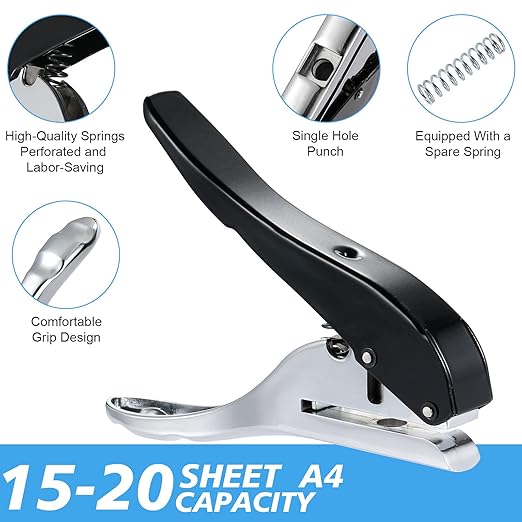 Heavy Duty Single Hole Punch - Portable Hand Held for Paper, Cards, Plastic & Cardboard (10MM Black)-DeskLoop Office