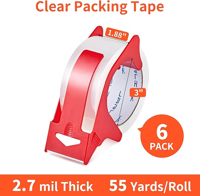JARLINK 6 Rolls Clear Packing Tape with Dispenser, Heavy Duty Packaging Tape Refills for Shipping Packaging Mailing, 2.7mil Thick, 1.88 inches Wide, 55 Yards Per Roll, 330 Total Yards-DeskLoop Office