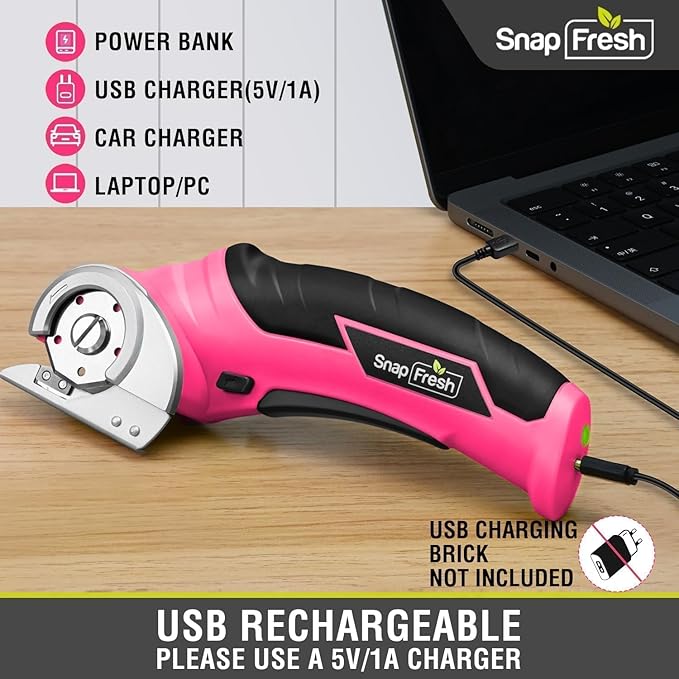 SnapFresh Cordless Electric Scissors- 4V Mini Cardboard Cutter for Boxes, Carpet, Paper – Rotary Cutter for DIY Projects, Safety Box Cutter with Battery & Type-C Cable(Hot Pink)-DeskLoop Office