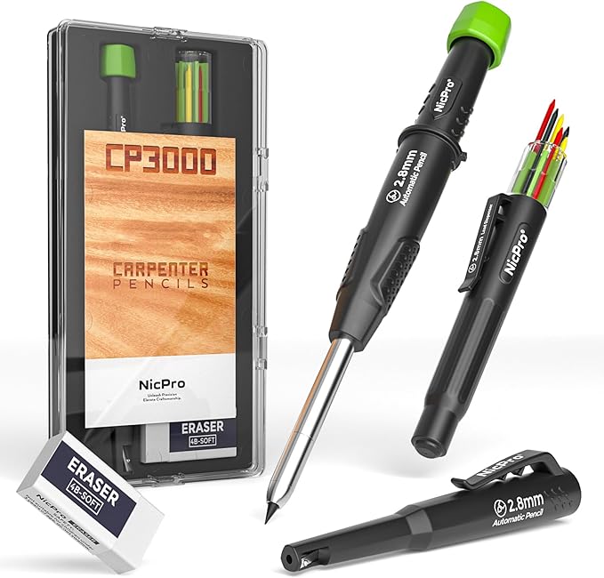 Nicpro Carpenter Pencil with Sharpener, CP3000 Construction Pencils with 6 Refills in a Lead Dispenser, Deep Hole Mechanical Pencil for Construction, Heavy Duty Carpenter Tools for Woodworking Marking