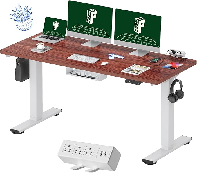 FLEXISPOT EN2 Whole-Piece Standing Desk with Clamp Power Strip, 60 x 24 Electric Stand Up Height Adjustable Desk with Cable Management (White Frame + 60" Mahogany Desktop, 2 Packages)-DeskLoop Office