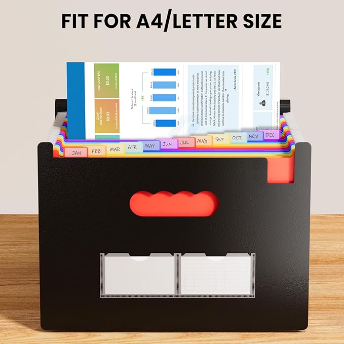 Sooez 24 Pockets Expanding File Folder with Blank Labels, According File Organizer with Expandable Cover, Desktop Accordion Folders Letter A4 Paper Document Storage Organizer, Red-DeskLoop Office