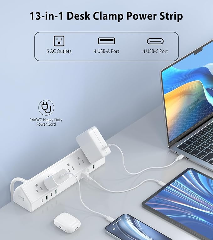 45W Fast Charging Station,Desk Clamp Power Strip,4 PD USB-C Ports,5 AC Outlets,Surge Protector Power Strip, 14AWG Heavy Duty Cord, Fits 1.9" Tabletop Edge (White, 15 FT Cable)-DeskLoop Office