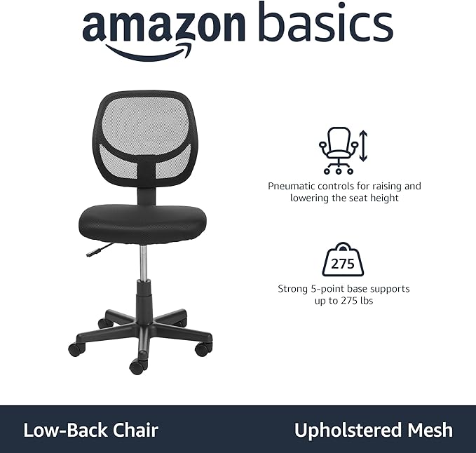 Amazon Basics Rolling Desk Chair, Adjustable, Low Back, Padded Seat, Breathable Mesh, Swivel, Black, 21.25" D x 22.5" W x 38" H-DeskLoop Office
