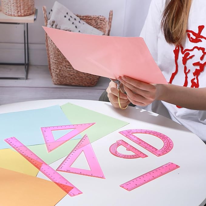 Tenare 6 Pcs Plastic Ruler Math Set Includes 12 Inch 6 Inch Straight Protractor Triangle Geometry Transparent Math Ruler Measuring Tools for School Office Home(Pink)-DeskLoop Office