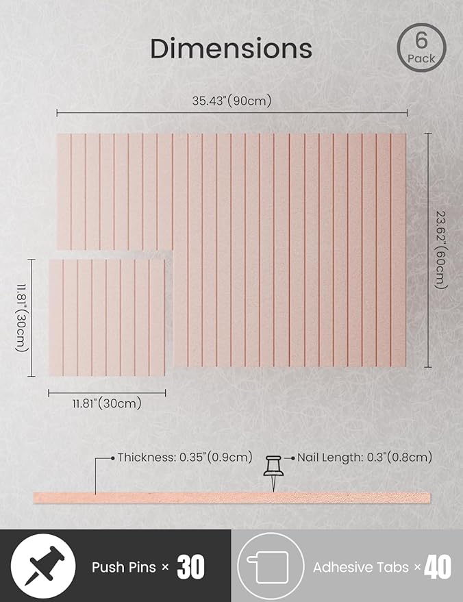 Bumusty Large Cork Board Alternative-36 x24 Felt Bulletin Board Tiles, with 30 Pushpins, 40 Adhesive Tabs, 6-Pack Slat Wall Paneling, Cork Boards for Office Push Pin Board Felt Board-Coral-DeskLoop Office