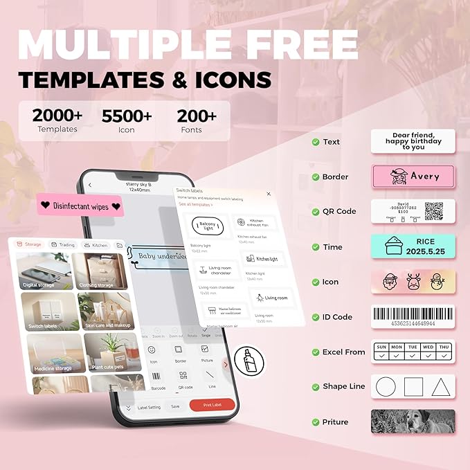 Label Maker Machine with Tape, Label Makers with Multiple Templates, Mini Label Maker Widely Used in Home Office School Organization, Bluetooth Label Printer Easy to Use for Small Labels, Pink-DeskLoop Office