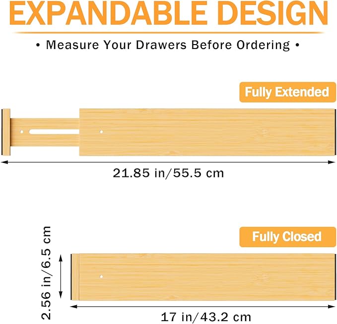 BAMBUROBA Bamboo Drawer Dividers, Adjustable Kitchen Drawer Organizer for Clothes,17-22" Expandable Drawer Organization Separators for Bedroom,Bathroom,Dresser and Office,6-Pack-DeskLoop Office