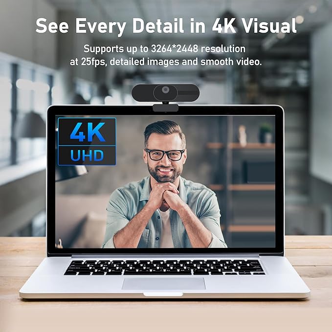 4K Webcam with Speaker and 4 AI Noise-Cancelling Mics, Wide Angle PC Cameras with Remote, Auto Focus, Privacy Cover, Tripod, Great for Computer, Zoom, Skype, Teams, Laptop, Personal Video Calling-DeskLoop Office