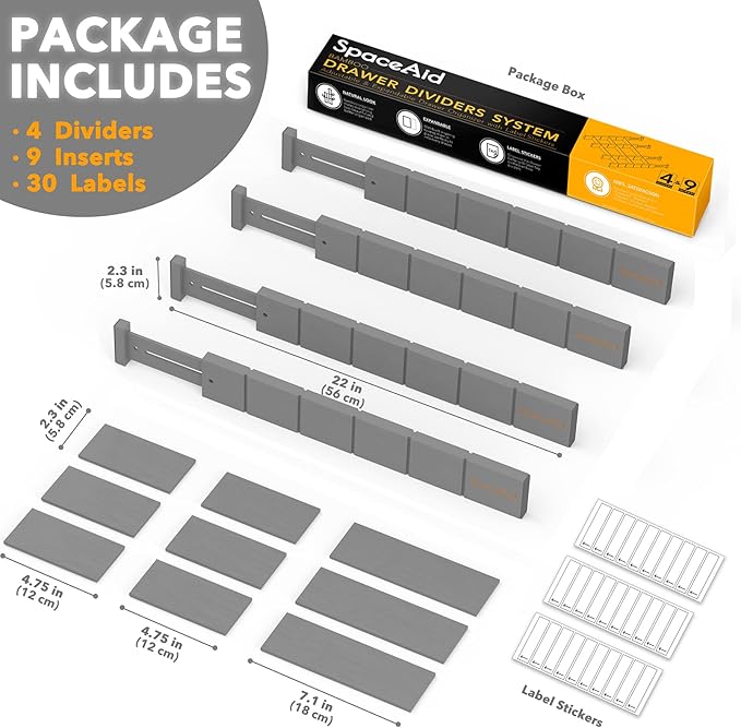 SpaceAid Bamboo Drawer Dividers with Inserts and Labels, Kitchen Adjustable Drawer Organizers, Expandable Organization for Home, Office, Dressers, 4 Dividers with 9 Inserts (17"-22" Gray)-DeskLoop Office