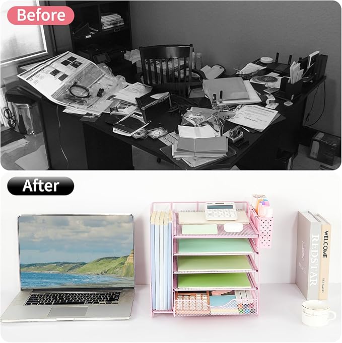 Desk Organizer with Drawer and Pen Holder, 5-Tier Paper Letter Tray Organizer with File Holder, Suitable for Workspace Organizer Office Supplies Storage (Pink)-DeskLoop Office