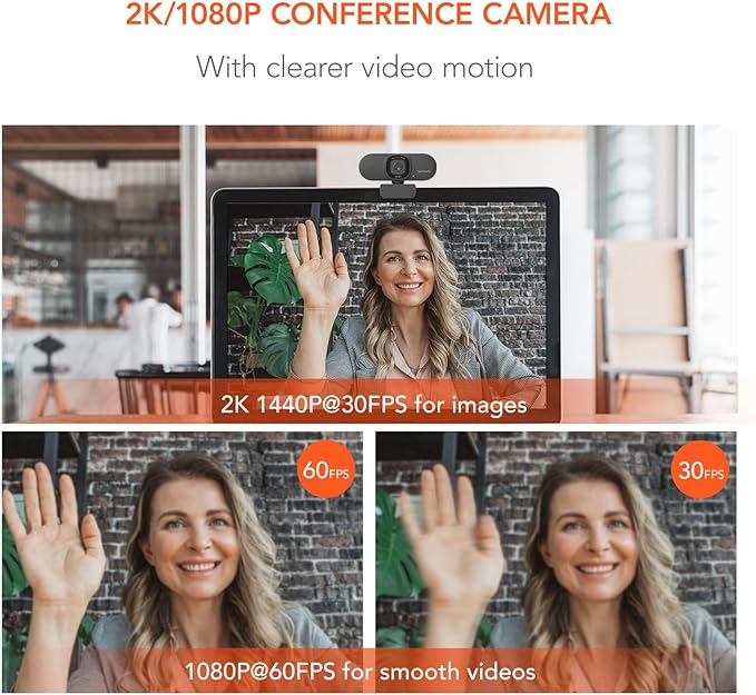 NUROUM V15AF 2K Webcam for PC, 1080P 60fps Autofocus HD Webcam with Dual Noise Cancelling Microphone, 75° FOV&Light Correction, USB Web Camera Plug&Play for Zoom/Teams,Grey-DeskLoop Office