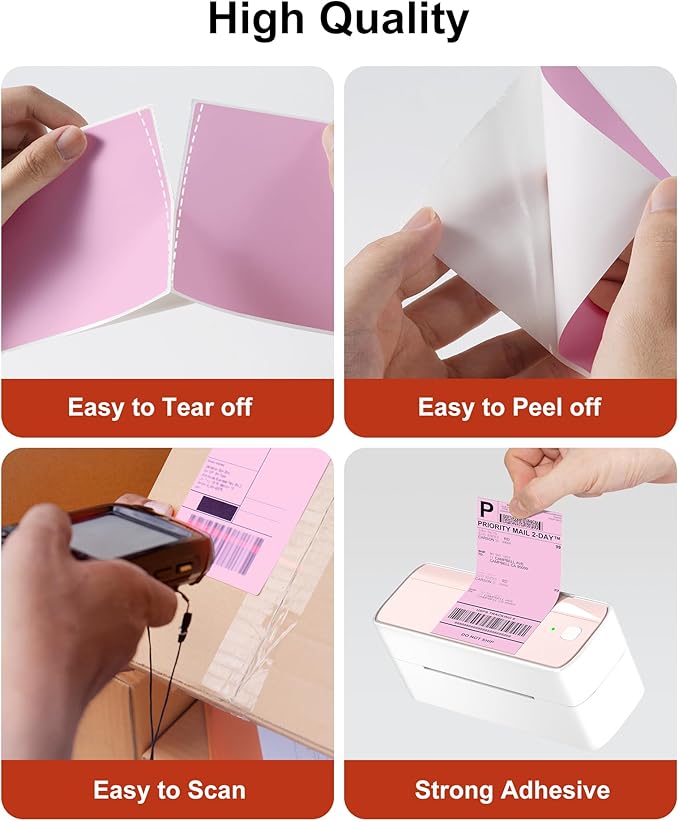 Phomemo 4x6 Thermal Label Printer Paper - 500 PCS Pink 4"x6" Fan-Fold Shipping Supplies Labels - Water/Oilproof Label Stickers - Permanent Adhesive Thermal 4x6 Labels for Small Business Supplies-DeskLoop Office