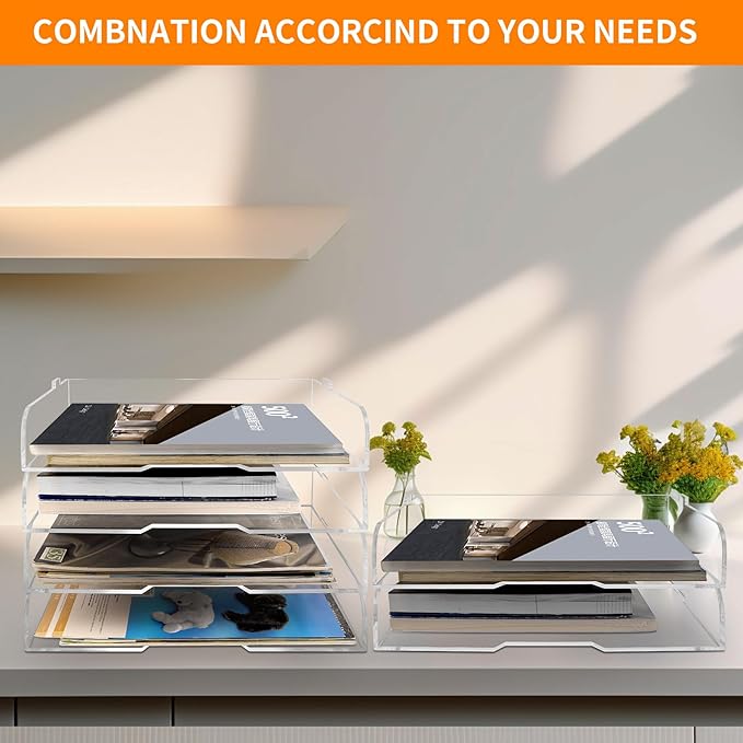 2 Pack- Stackable Paper Letter Tray,Clear Acrylic Magazine Holder and File Organizer - Sleek Desk Organizer for Home Office, Bookshelf, or Workspace - Space-Saving Transparent Document Holder-DeskLoop Office