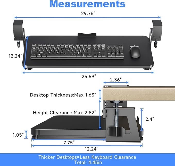 Keyboard Tray Under Desk Large C-Clamp 25.6” (30” Including Clamps) x 11.8” Slide-Out Platform Computer Drawer Pull Out Keyboard & Mouse Tray Black DSF4-DeskLoop Office