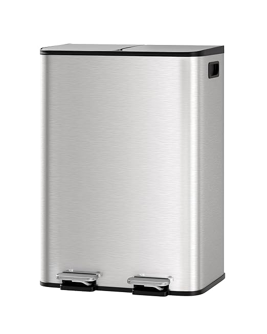 GarveeHome 2 x 8 Gallon Stainless Steel Double Trash Can with Lid for Kitchen, Large Dual Trash and Recycle Bin Combo, Step-on Kitchen Metal Garbage Cans, PP Inner Buckets, Liner Rim, Silver-DeskLoop Office