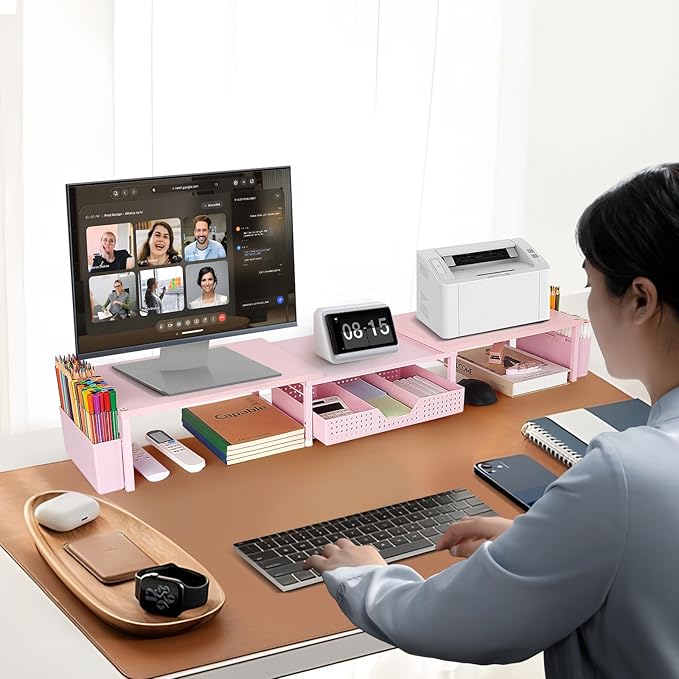 Desk Dual Monitor Stand Riser - Wood Desk Organizer with Drawer and Pen Holders, Office Desk Accessories & Workspace Organization, Computer Monitor Stand for Laptop Printer, Girl Pink-DeskLoop Office