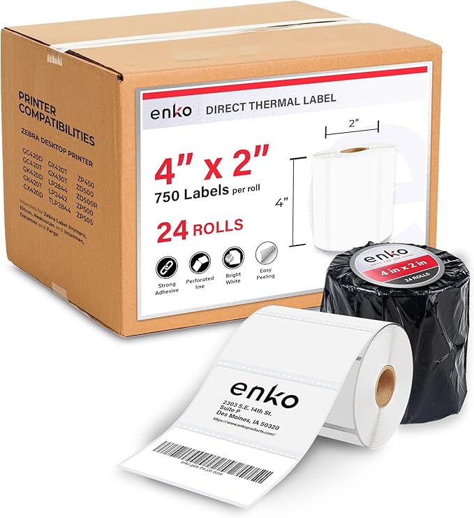 enKo 4" x 2" Labels for Zebra Desktop Printers (24 Rolls | 18,000 Labels) - Direct Thermal Address Mailing Shipping Barcode FBA Stickers FNSKU Label for Zebra and Eltron (Perforated)-DeskLoop Office