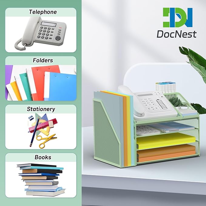 DocNest 4 Tier Paper Letter Tray File Organizer, Mesh Desk File with Handle, Workspace Desk Organizers with Pen Holder, Office Organization Storage Accessories - Green-DeskLoop Office