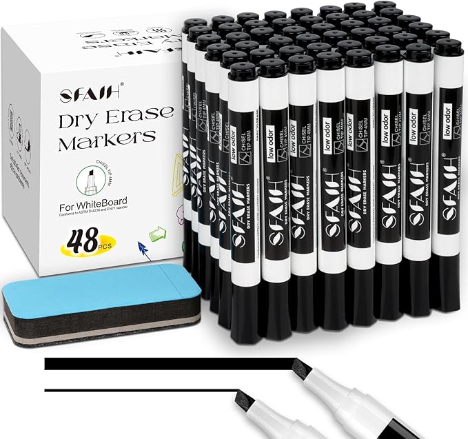 SFAIH Dry Erase Markers Chisel Tip with Magnetic Whiteboard Eraser, 48 Bulk Pack Black White Board Markers for Teachers & Students, Versatile Lines, 1s Quickly Dry, Perfect for Classroom and Office-DeskLoop Office